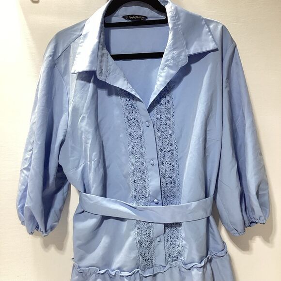 Simplee Plus Blue Ruffle Lace Belted Dress 3X - Picture 3 of 11